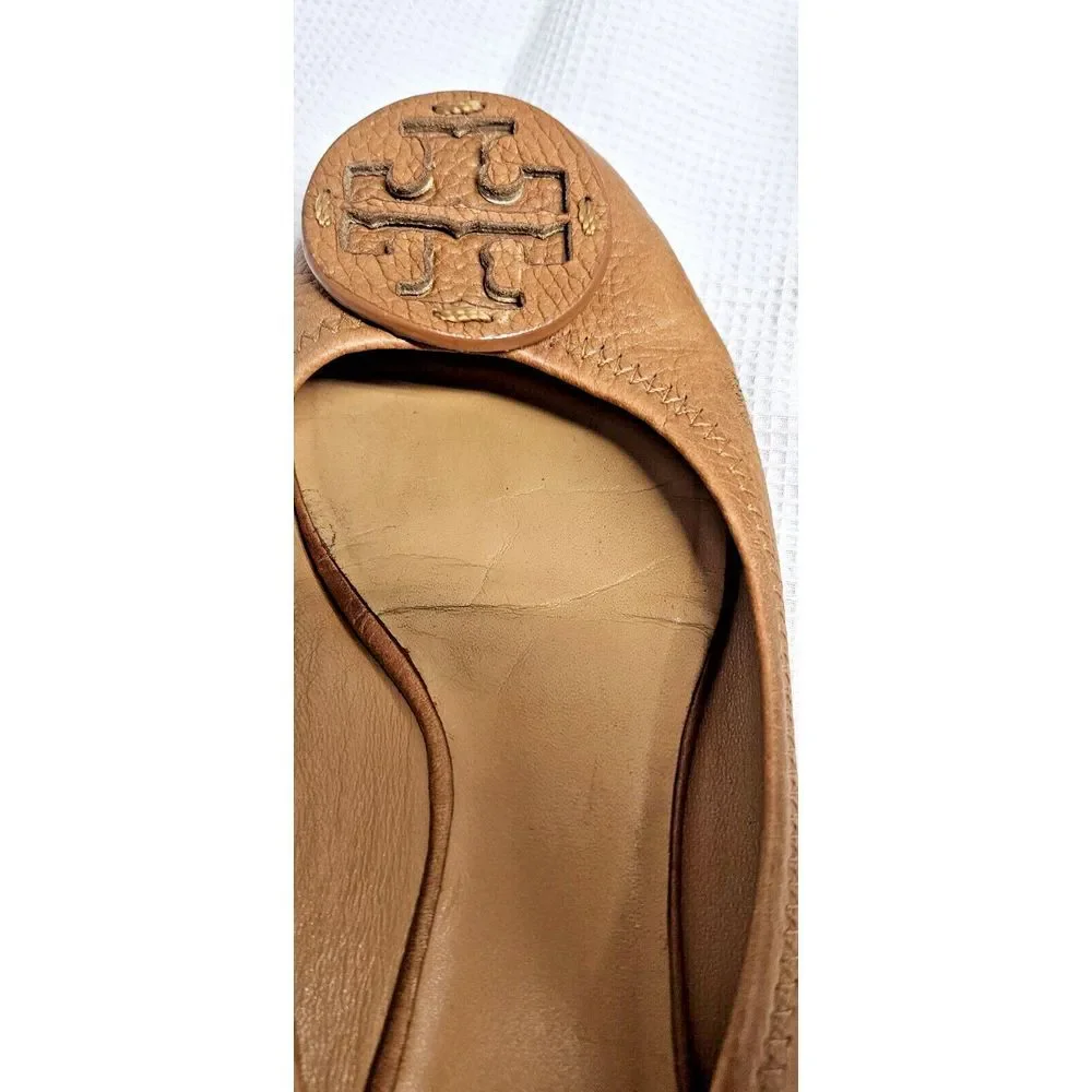 TORY BURCH Minnie travel ballet flat camel pebbled all leather upper woman Sz 6M
